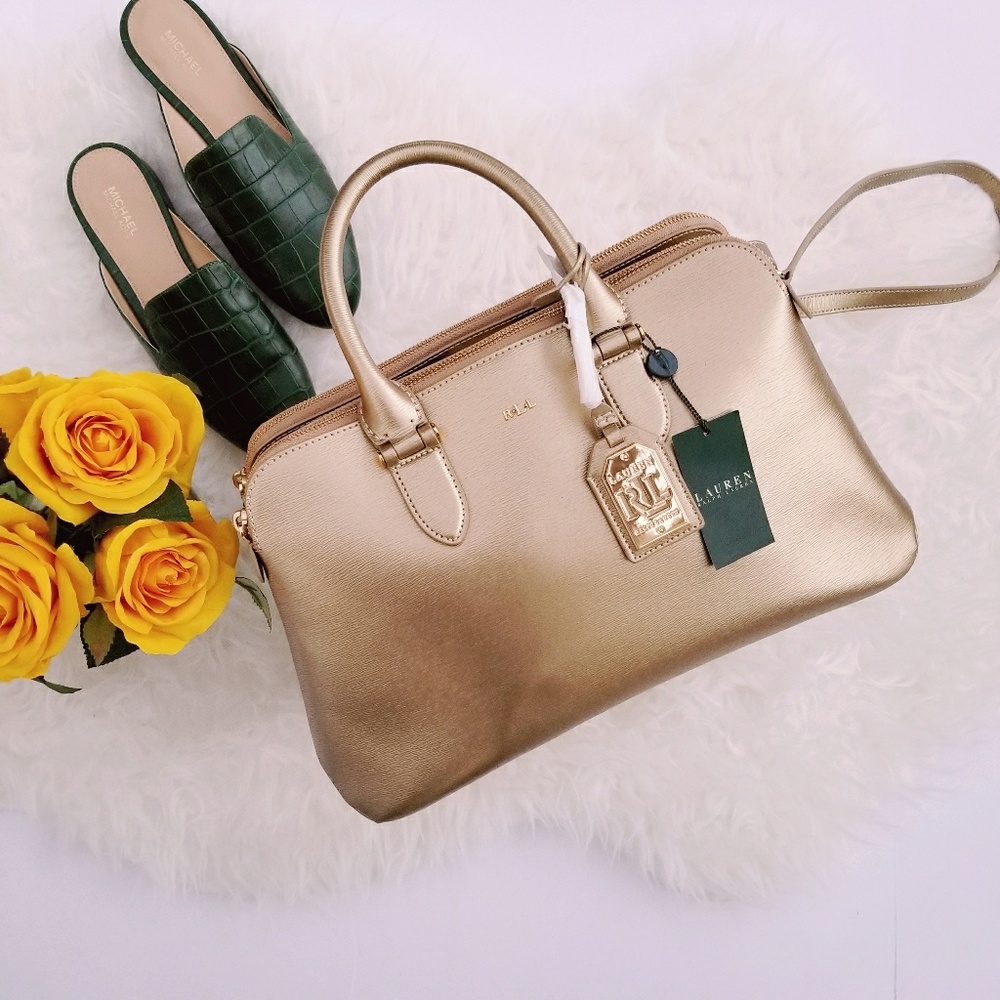 Ralph Lauren Gold Leather Large Satchel Crossbody Handbag New With Tags